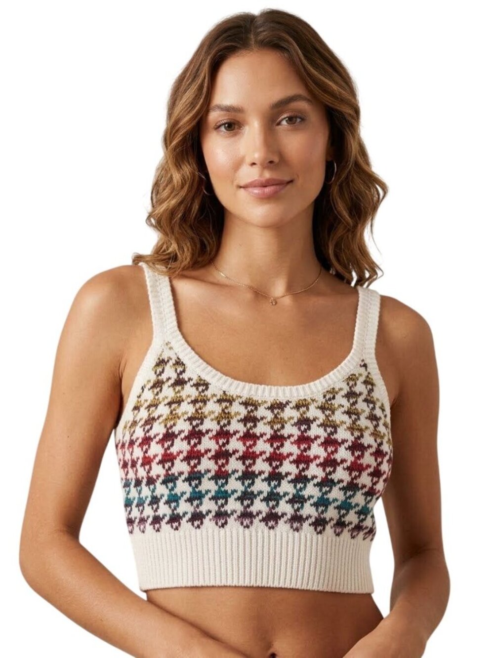 Stitch & Pine Crop Top Medium Sleeveless Houndstooth White Multicolor Knitwear
